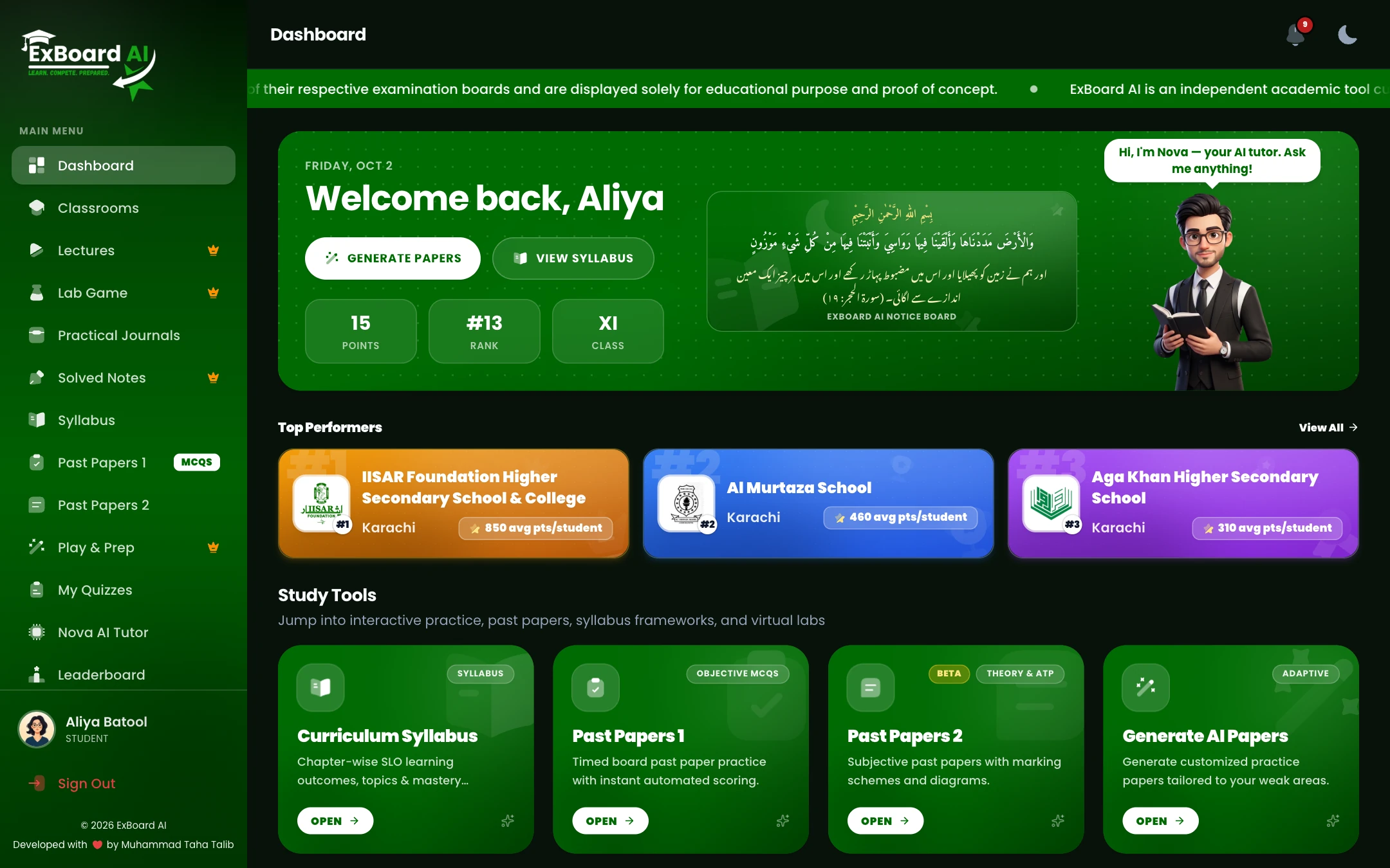 ExBoard AI student dashboard preview dark
